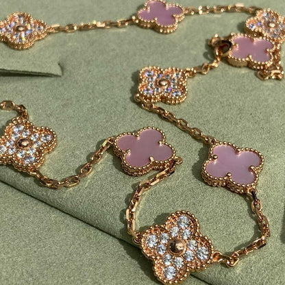 [LORA]CLOVER 10 MOTIFS DIAMOND PINK MOP NECKLACE