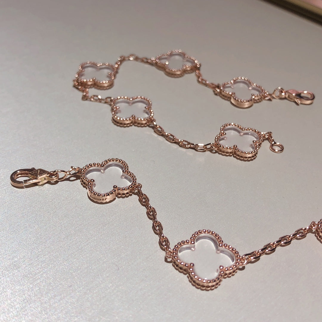 [LORA]CLOVER 5 MOTIF ROCK CRYSTAL PINK GOLD BRACELET