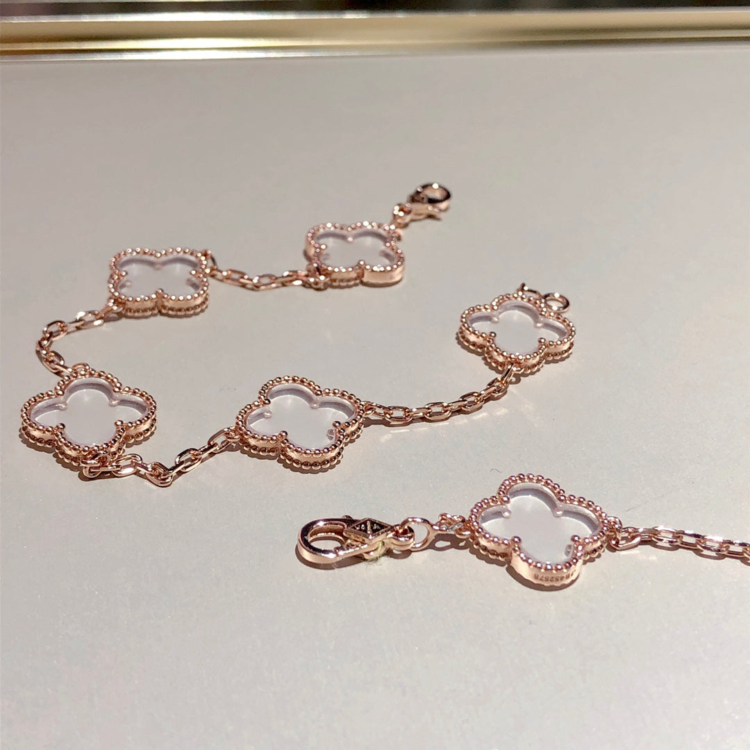 [LORA]CLOVER 5 MOTIF ROCK CRYSTAL PINK GOLD BRACELET