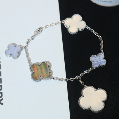 [LORA]CLOVER BRACELET 5 MOTIFS MOP CHALCEDONY SILVER