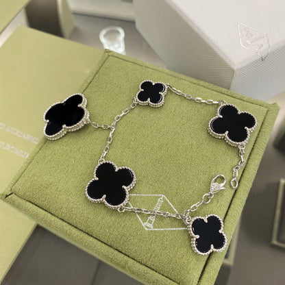 [LORA]CLOVER 5 MOTIFS SIVLER ONYX BRACELET