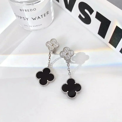 [LORA]CLOVER 2 MOTIFS  DIAMOND ONYX EARRINGS SILVER