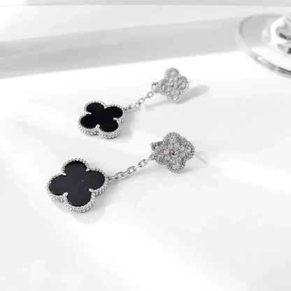 [LORA]CLOVER 2 MOTIFS  DIAMOND ONYX EARRINGS SILVER