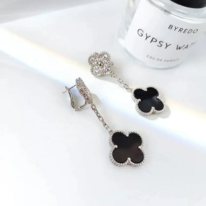 [LORA]CLOVER 2 MOTIFS  DIAMOND ONYX EARRINGS SILVER