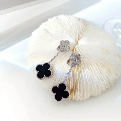 [LORA]CLOVER 2 MOTIFS  DIAMOND ONYX EARRINGS SILVER