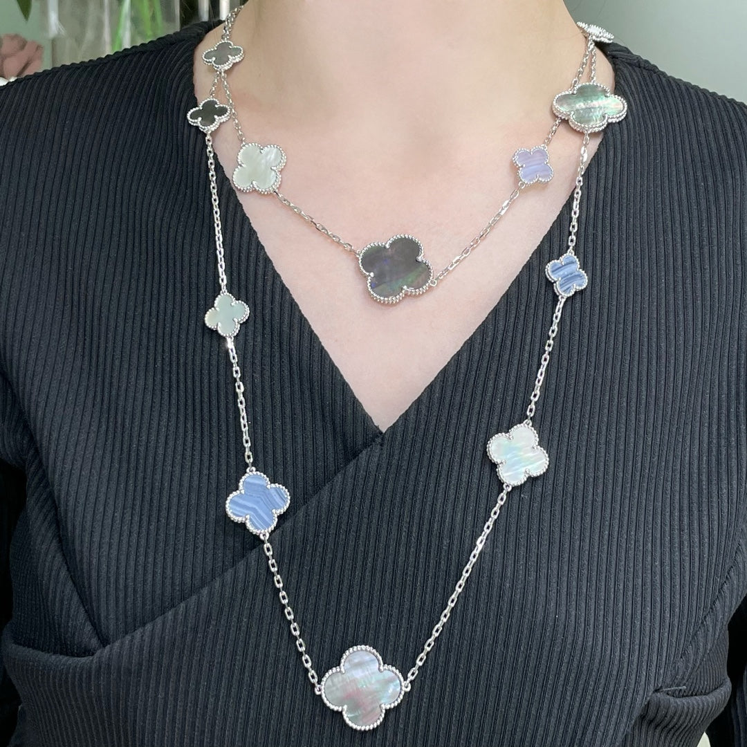 [LORA]CLOVER 16 MOTIF CHALCEDONY MOP SILVER NECKLACE