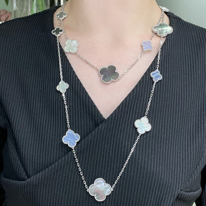 [LORA]CLOVER 16 MOTIF CHALCEDONY MOP SILVER NECKLACE