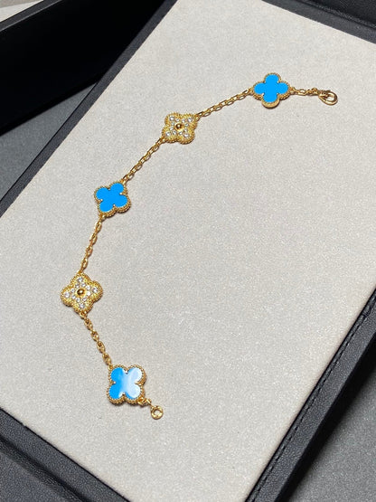 [LORA]CLOVER 5 MOTIF BLUE CHALCEDONY DIAMOND GOLD BRACELET