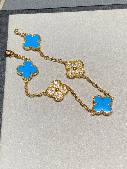 [LORA]CLOVER 5 MOTIF BLUE CHALCEDONY DIAMOND GOLD BRACELET
