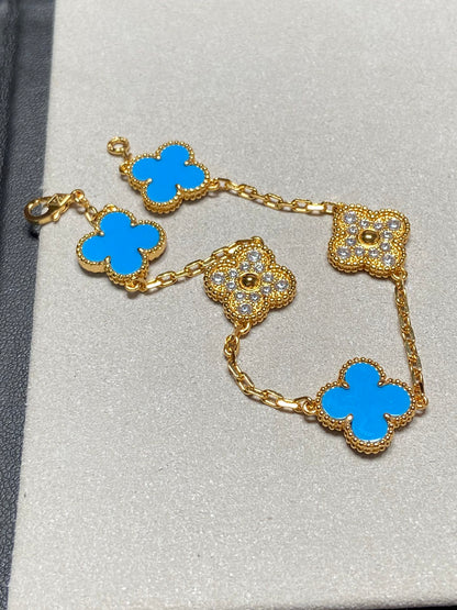 [LORA]CLOVER 5 MOTIF BLUE CHALCEDONY DIAMOND GOLD BRACELET