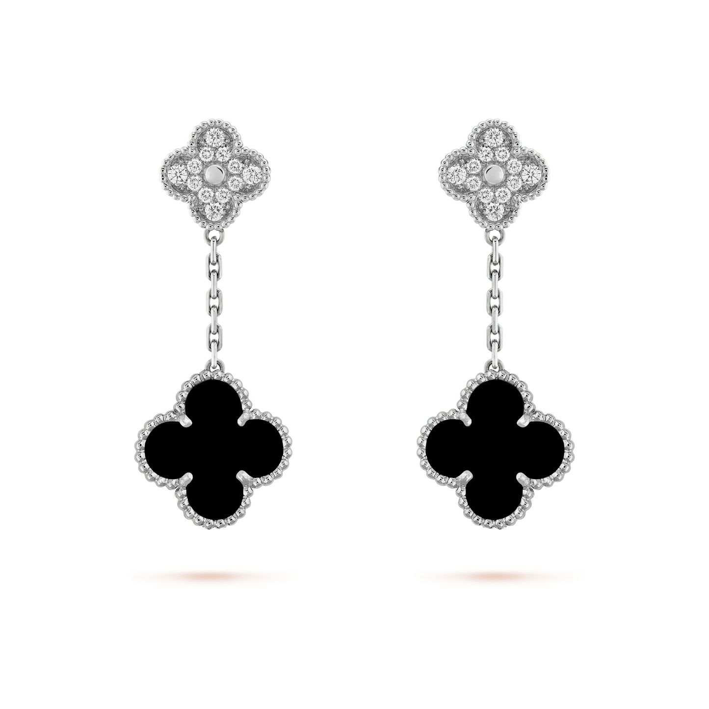[LORA]CLOVER 2 MOTIFS  DIAMOND ONYX EARRINGS SILVER