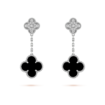[LORA]CLOVER 2 MOTIFS  DIAMOND ONYX EARRINGS SILVER
