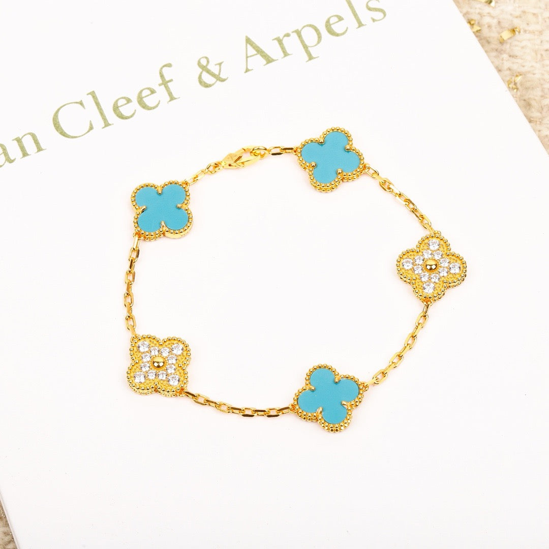 [LORA]CLOVER 5 MOTIF TURQUOISE DIAMOND GOLD BRACELET