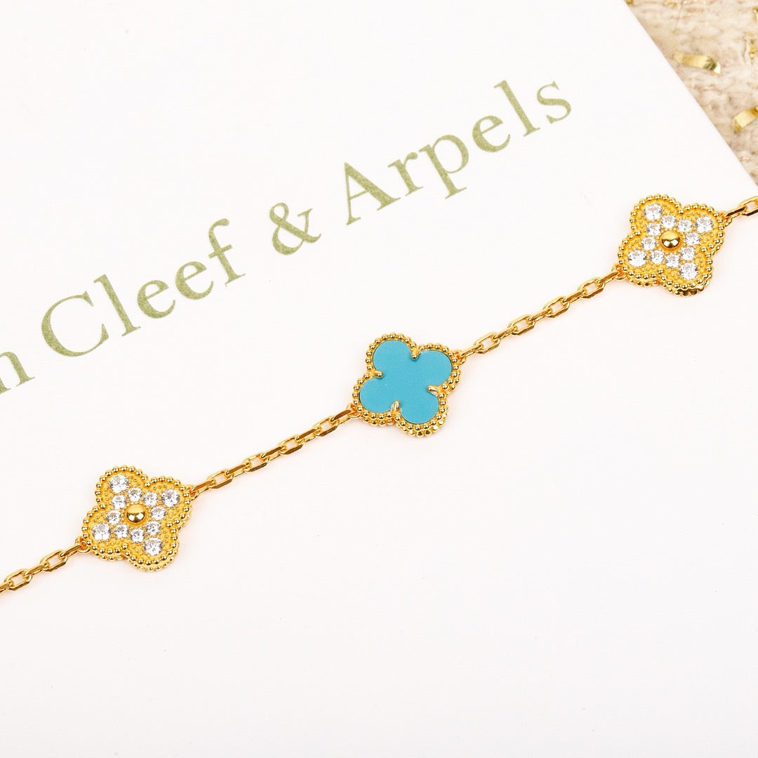 [LORA]CLOVER 5 MOTIF TURQUOISE DIAMOND GOLD BRACELET