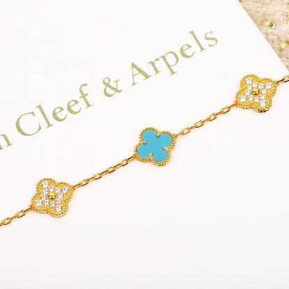 [LORA]CLOVER 5 MOTIF TURQUOISE DIAMOND GOLD BRACELET