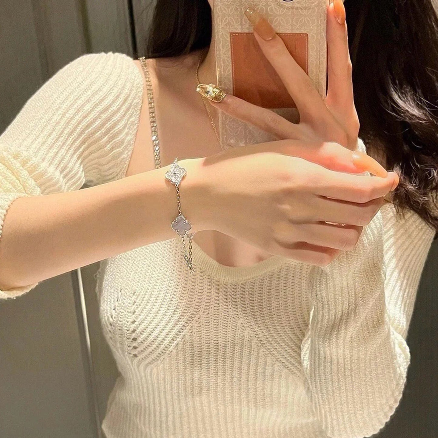 [LORA]CLOVER  5 MOTIF DIAMOND PURPLE CHALCEDONY BRACELET SILVER