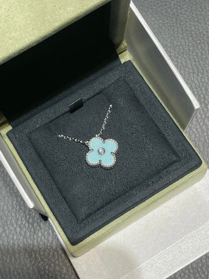 [LORA]CLOVER 1 DIAMOND LIGHT BLUE SILVER NECKLACE