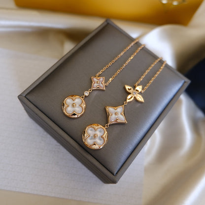 [LORA]COLOR BLOSSOM LARIAT NECKLACE PINK GOLD WHITE MOTHER PEARL AND DIAMOND
