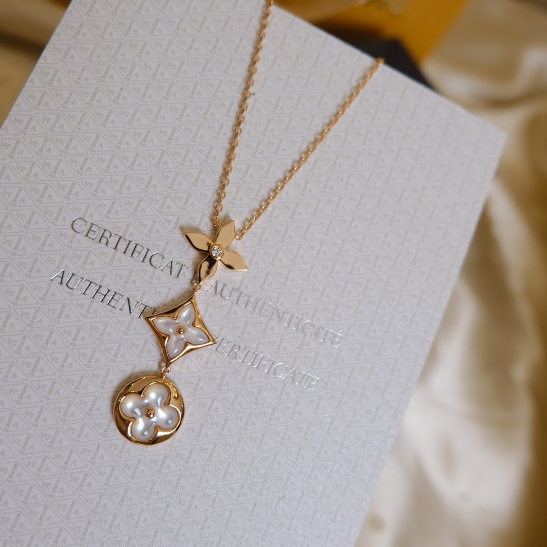 [LORA]COLOR BLOSSOM LARIAT NECKLACE PINK GOLD WHITE MOTHER PEARL AND DIAMOND