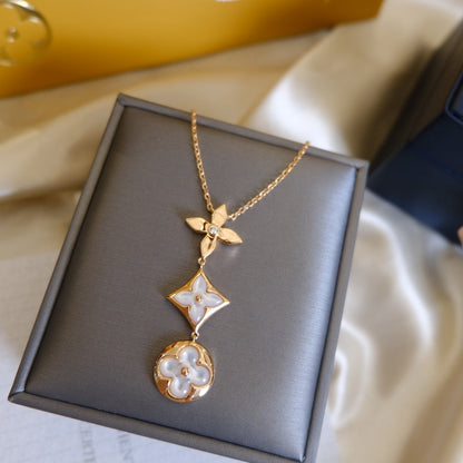 [LORA]COLOR BLOSSOM LARIAT NECKLACE PINK GOLD WHITE MOTHER PEARL AND DIAMOND