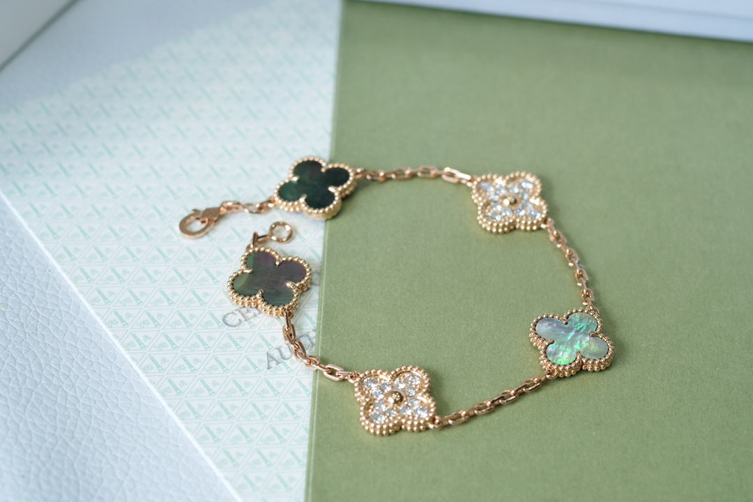 [LORA]CLOVER 5 MOTIFS DARK MOP AND DIAMONDS PINK GOLD BRACELET