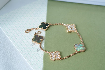 [LORA]CLOVER 5 MOTIFS DARK MOP AND DIAMONDS PINK GOLD BRACELET